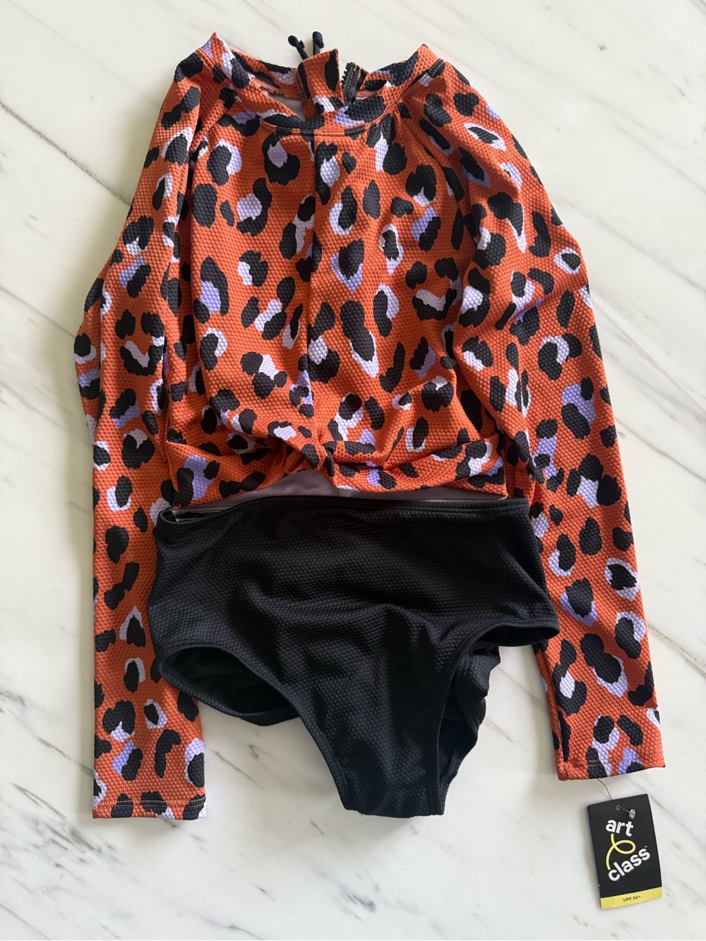 art class Orange Leopard Long-Sleeve Rashguard Top with Black Swim Bottoms